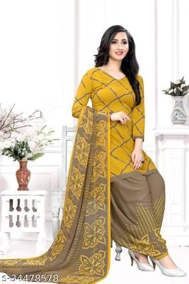 Yellow  Crepe Printed Unstitched Salwar Suit Dress Material (Free Size) 1