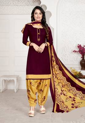 Dark Maroon  Crepe Printed Unstitched Salwar Suit Dress Material (Free Size) 1