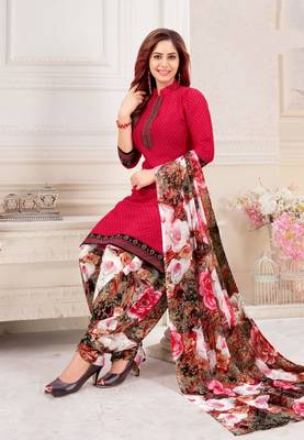 Red  Crepe Printed Unstitched Salwar Suit Dress Material (Free Size) 1