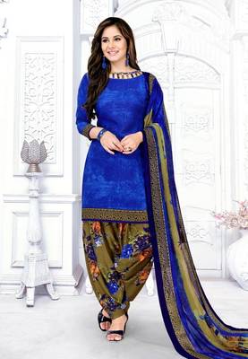 Aqua Blue  Crepe Printed Unstitched Salwar Suit Dress Material (Free Size) 1