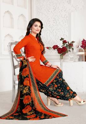 Orange  Crepe Printed Unstitched Salwar Suit Dress Material (Free Size) 1