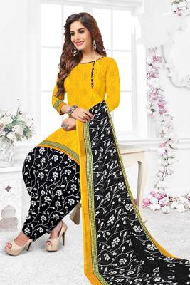 Yellow  Crepe Printed Unstitched Salwar Suit Dress Material (Free Size) 1