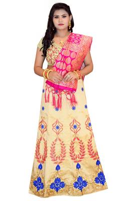 Cream embroidered cotton poly semi stitched lehenga 1