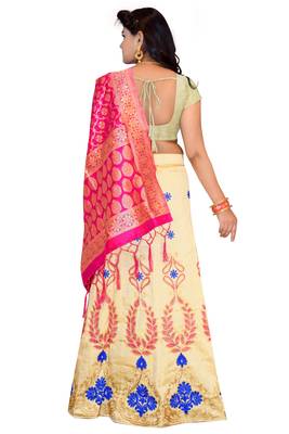 Cream embroidered cotton poly semi stitched lehenga 2