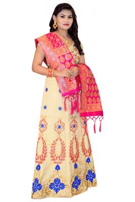 Cream embroidered cotton poly semi stitched lehenga 3