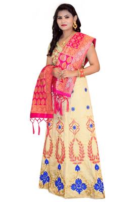 Cream embroidered cotton poly semi stitched lehenga 4