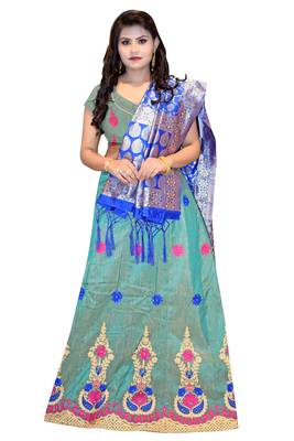 Green embroidered cotton poly semi stitched lehenga 1