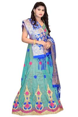 Green embroidered cotton poly semi stitched lehenga 3