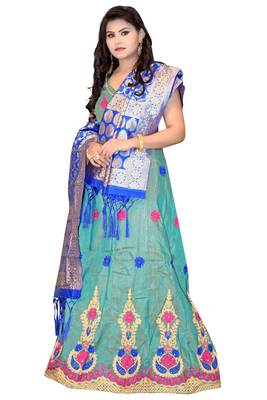 Green embroidered cotton poly semi stitched lehenga 4