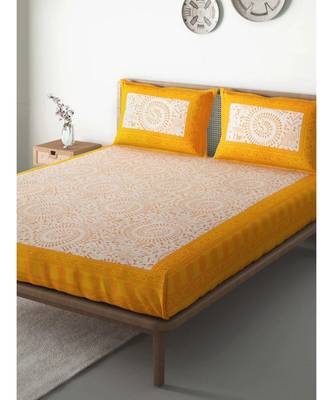 Yellow Color Pure Cotton Queen Size Bedsheet with pillow cover Ph-Kamalbuti-Yellow 1