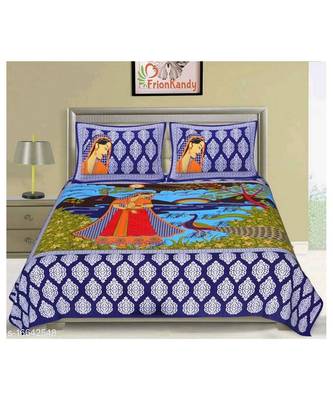 Blue Color Pure Cotton Queen Size Bedsheet with pillow cover Synry Blue 1