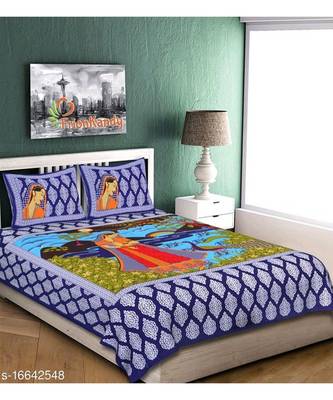 Blue Color Pure Cotton Queen Size Bedsheet with pillow cover Synry Blue 2