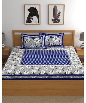 Blue Color Pure Cotton Queen Size Bedsheet with pillow cover White Blue Phool 1