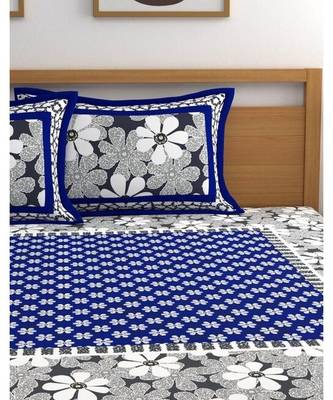 Blue Color Pure Cotton Queen Size Bedsheet with pillow cover White Blue Phool 2