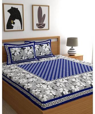 Blue Color Pure Cotton Queen Size Bedsheet with pillow cover White Blue Phool 3