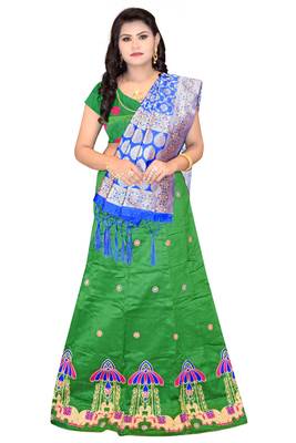 Dark-green embroidered cotton poly semi stitched lehenga 1