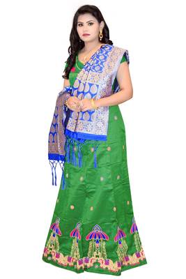 Dark-green embroidered cotton poly semi stitched lehenga 4