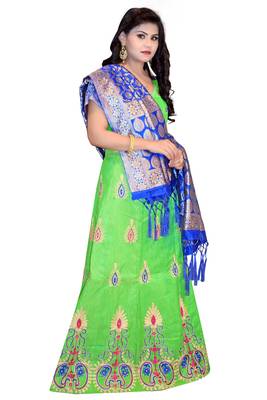 Parrot-green embroidered cotton poly semi stitched lehenga 3