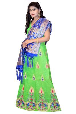 Parrot-green embroidered cotton poly semi stitched lehenga 4
