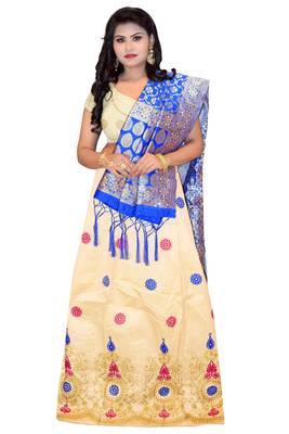 Cream embroidered cotton poly semi stitched lehenga 1