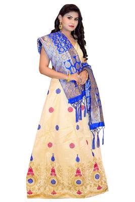 Cream embroidered cotton poly semi stitched lehenga 3