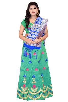 Green embroidered cotton poly semi stitched lehenga 1
