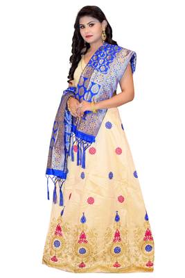 Cream embroidered cotton poly semi stitched lehenga 4