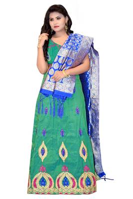 Green embroidered cotton poly semi stitched lehenga 1