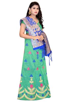 Green embroidered cotton poly semi stitched lehenga 3
