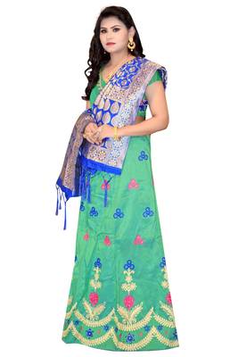 Green embroidered cotton poly semi stitched lehenga 4