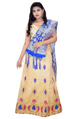 Cream embroidered cotton poly semi stitched lehenga 1