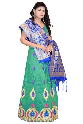 Green embroidered cotton poly semi stitched lehenga 3