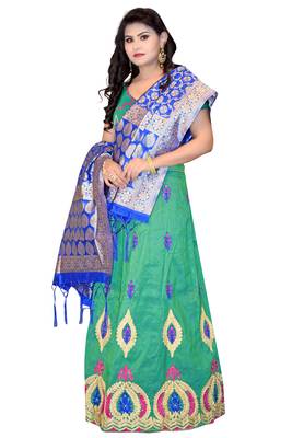 Green embroidered cotton poly semi stitched lehenga 4