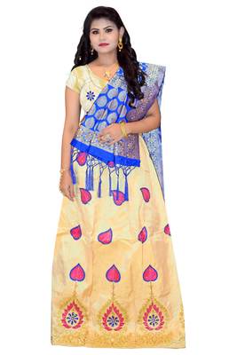 Cream embroidered cotton poly semi stitched lehenga 1