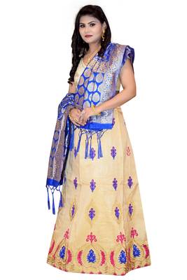 Cream embroidered cotton poly semi stitched lehenga 4