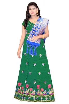 Dark-green embroidered cotton poly semi stitched lehenga 1