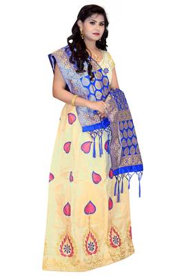 Cream embroidered cotton poly semi stitched lehenga 3