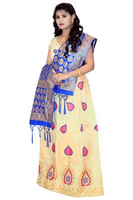 Cream embroidered cotton poly semi stitched lehenga 4