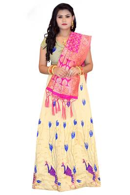 Cream embroidered cotton poly semi stitched lehenga 1