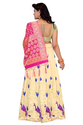 Cream embroidered cotton poly semi stitched lehenga 2