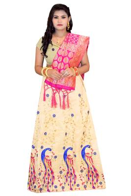 Cream embroidered cotton poly semi stitched lehenga 1