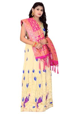 Cream embroidered cotton poly semi stitched lehenga 3