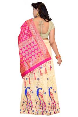 Cream embroidered cotton poly semi stitched lehenga 2
