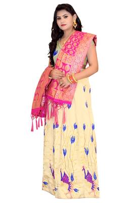Cream embroidered cotton poly semi stitched lehenga 4