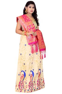 Cream embroidered cotton poly semi stitched lehenga 3