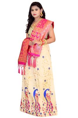 Cream embroidered cotton poly semi stitched lehenga 4