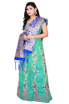 Green embroidered cotton poly semi stitched lehenga 4