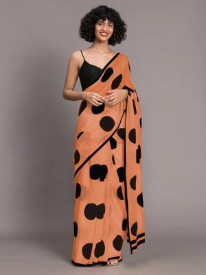 Peach printed linen saree with blouse 1