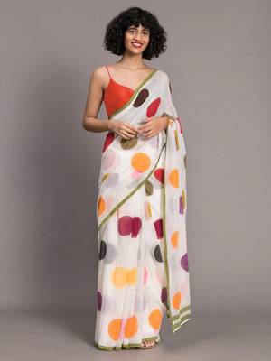Cream printed linen saree with blouse 1