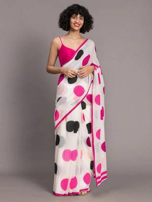 White printed linen saree with blouse 1